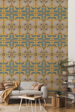 salon orange papier peint chrysanthème art nouveau vintage floral