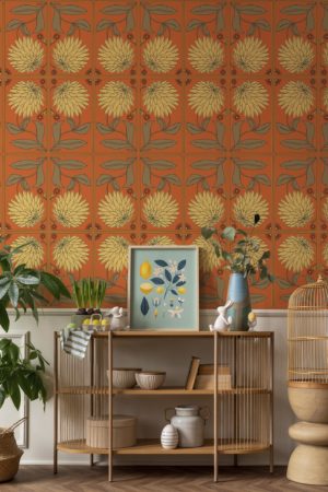 salon rouge papier peint chrysanthème art nouveau vintage floral