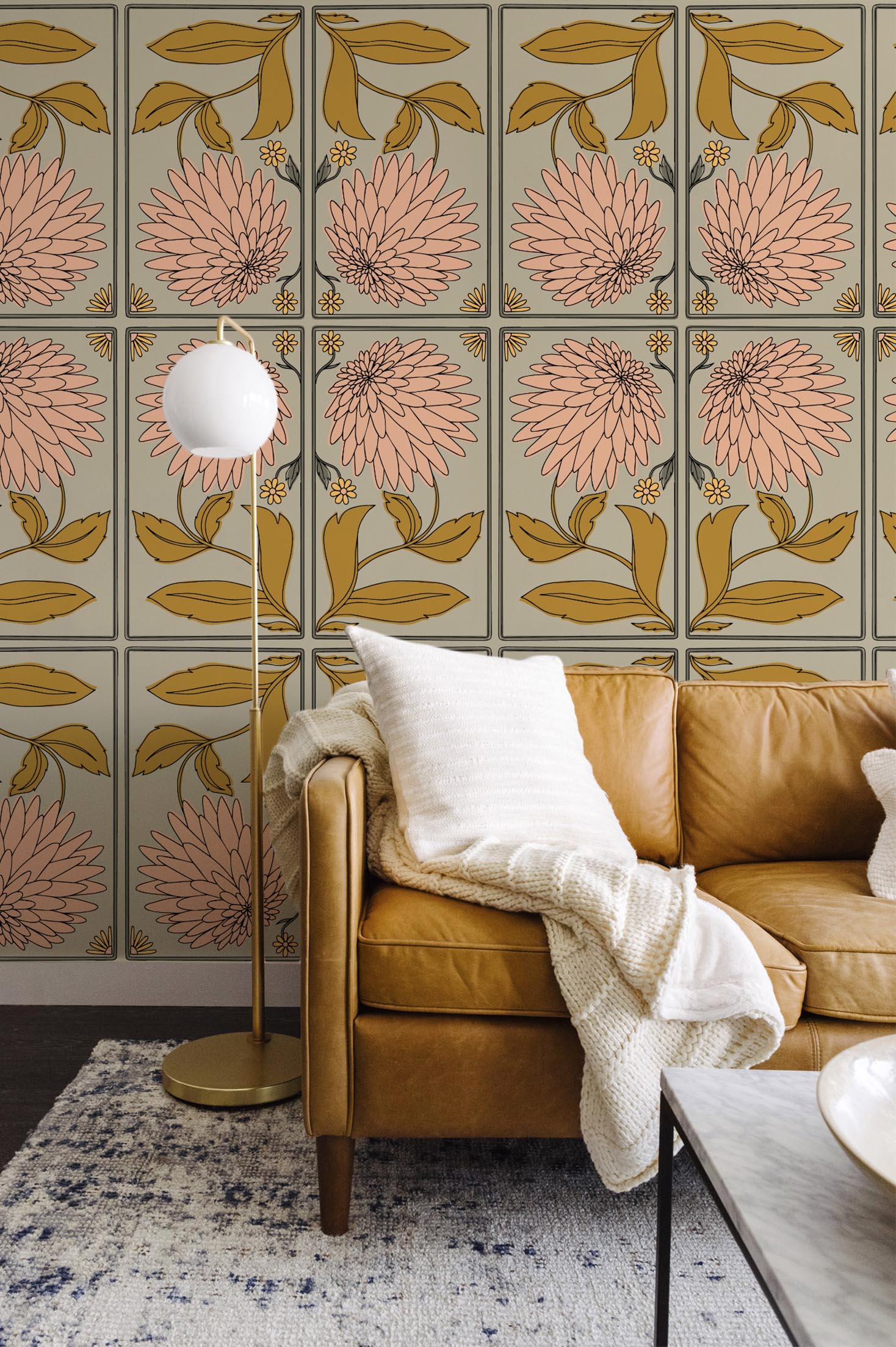 Living Room Green Chrysanthemum Art Nouveau Vintage Floral Wallpaper