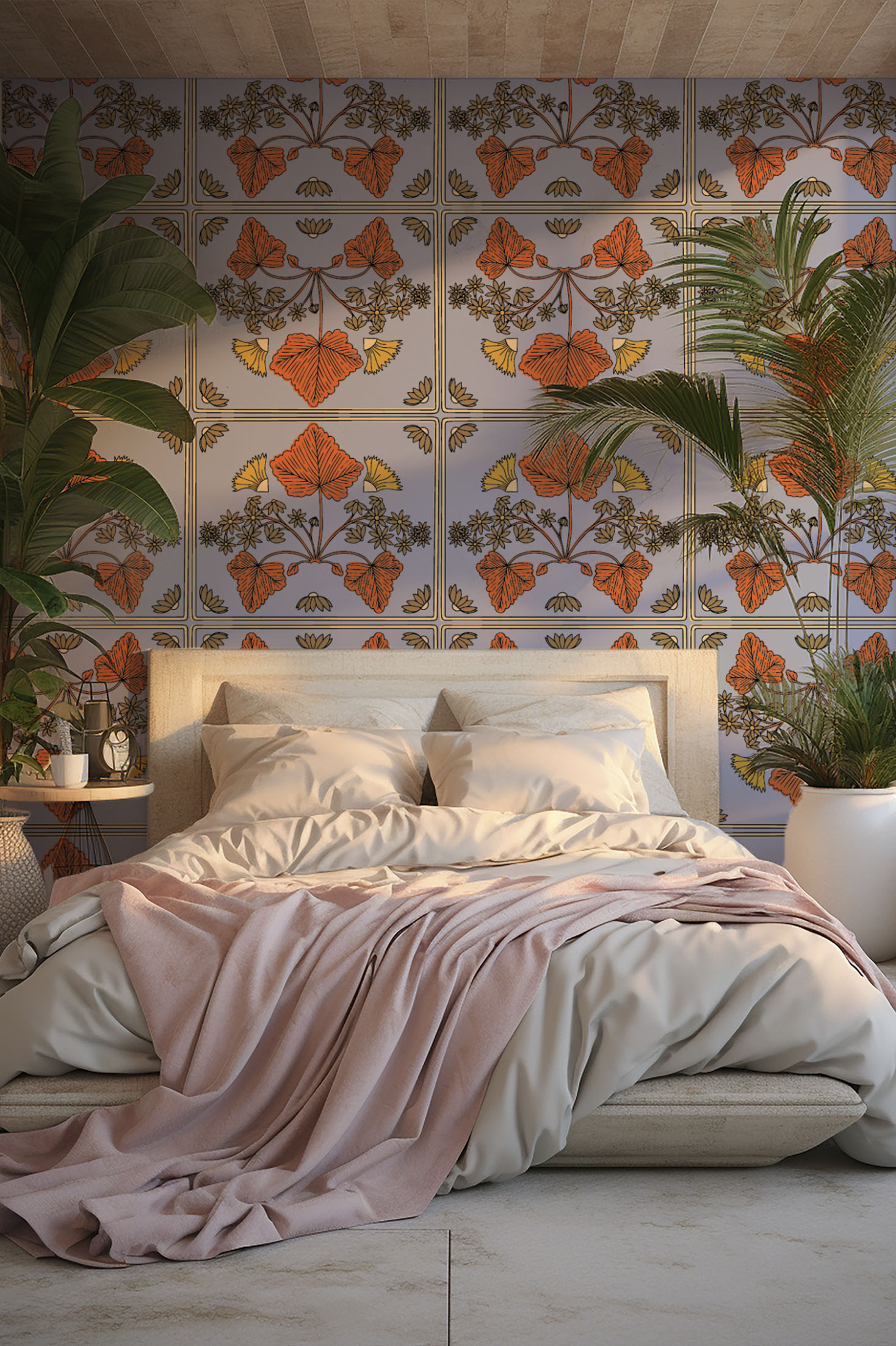 Red Bedroom Vintage Art Nouveau Nature Wallpaper