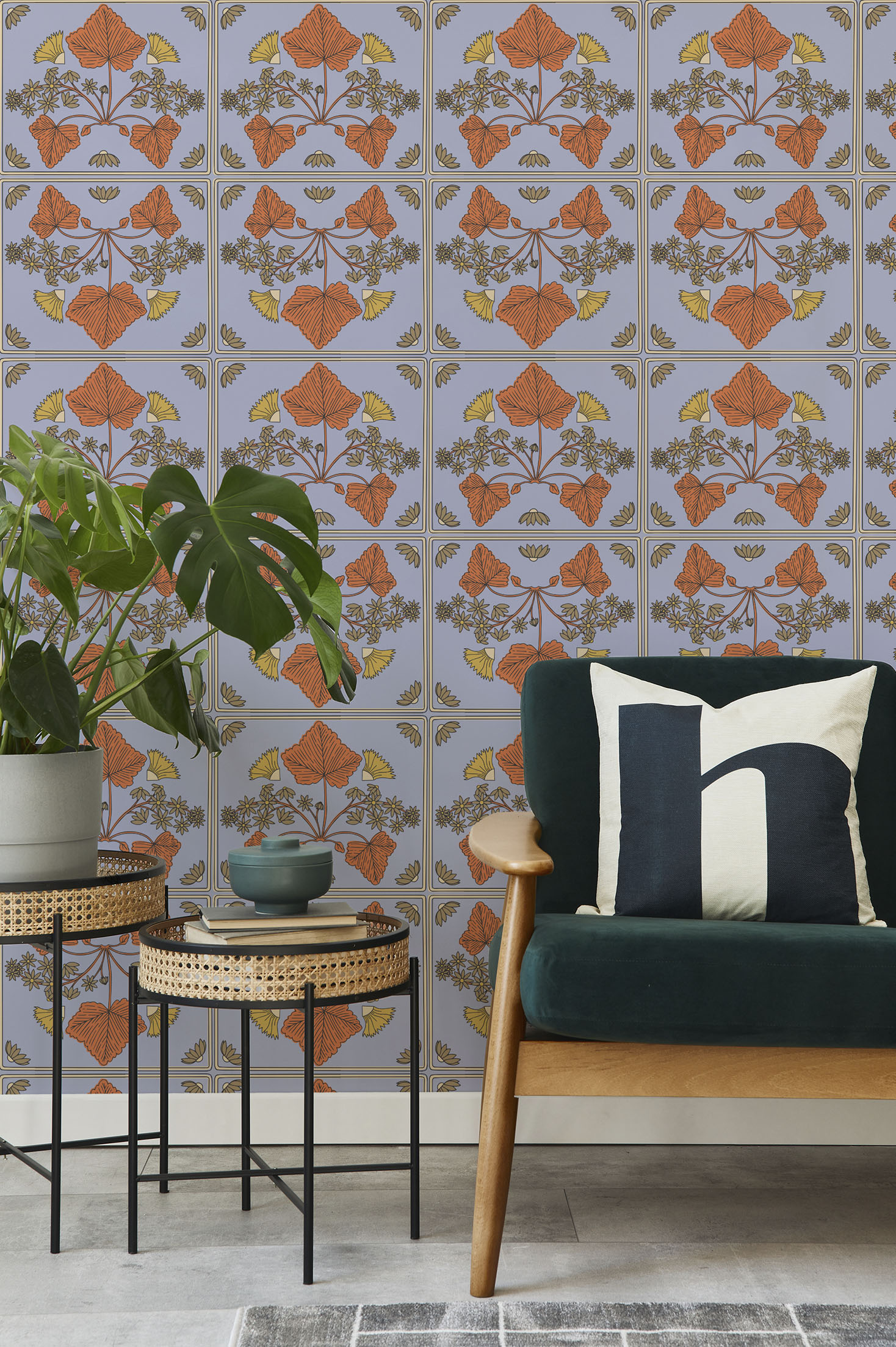 Living room red Art Nouveau nature wallpaper vintage