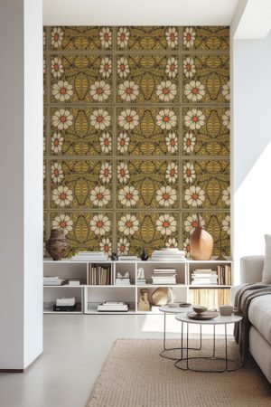 Yellow Living Room Wallpaper Daisy Art Nouveau Floral Vintage