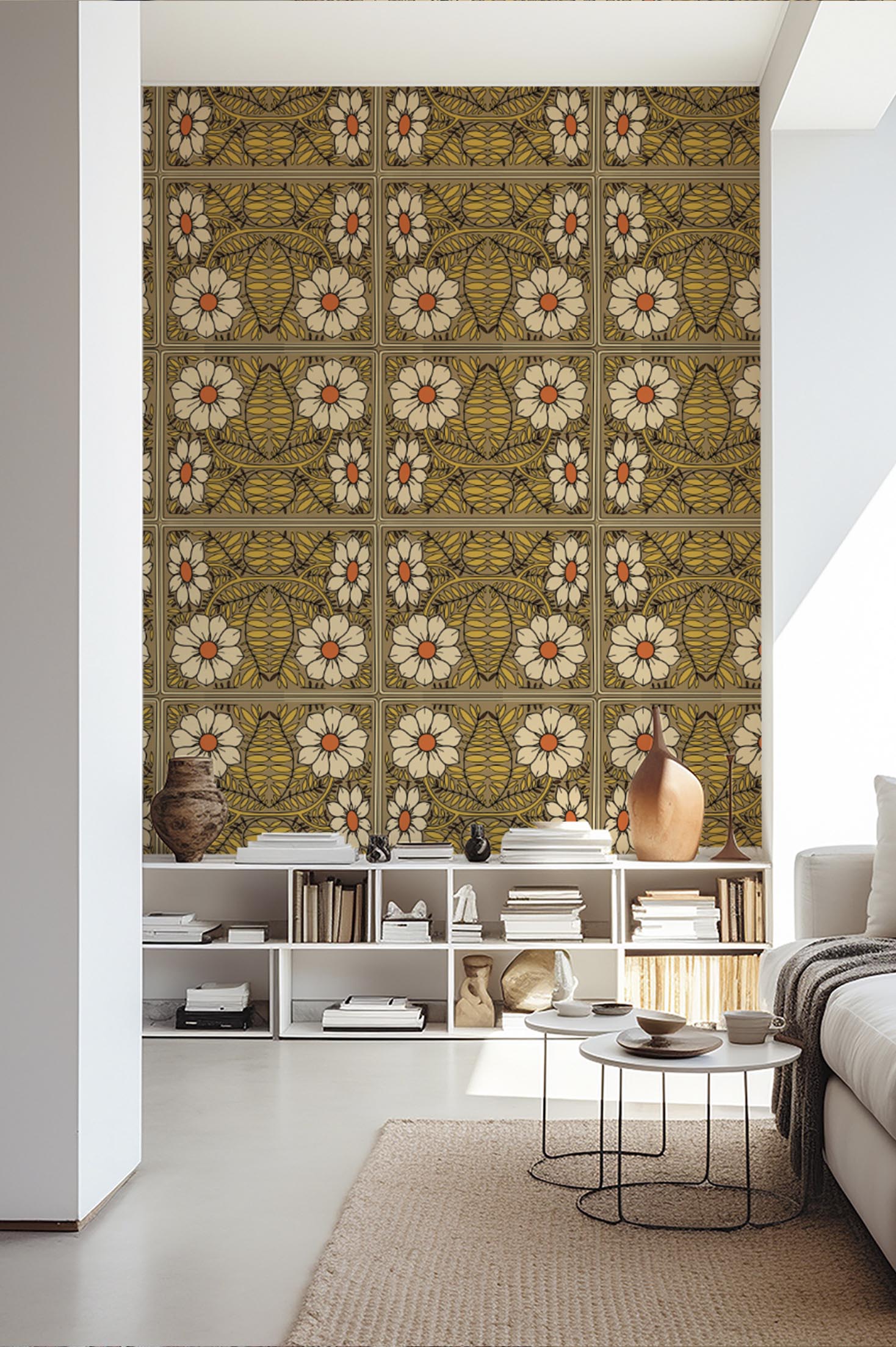 Yellow Living Room Wallpaper Daisy Art Nouveau Floral Vintage