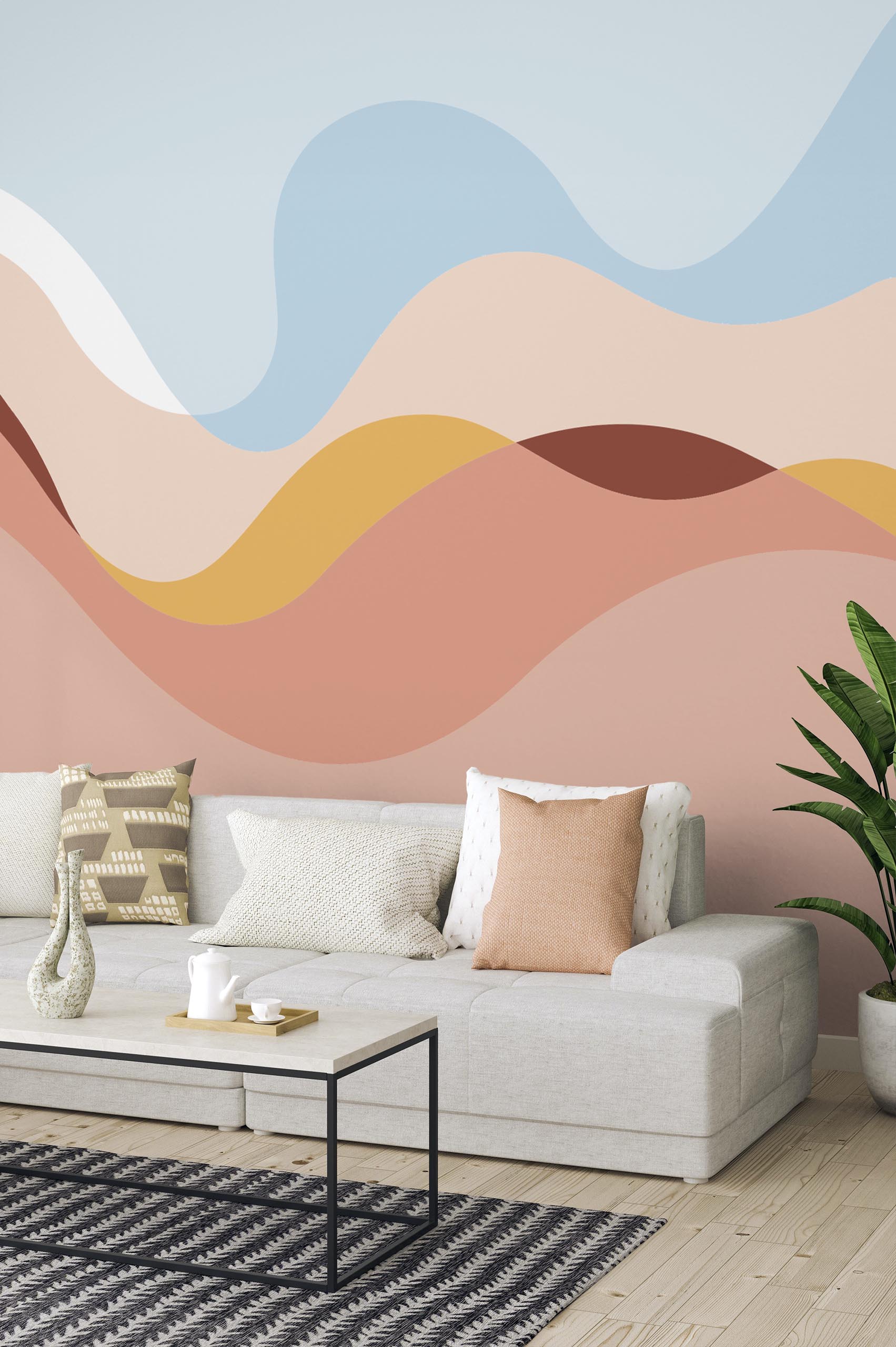 Living room orange wallpaper waves panoramic pop urban