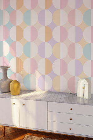 salon multicolor pastel papel pintado duo esferico vintage geometrico