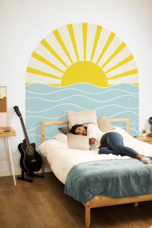 Bedroom Sunset Wallpaper on the Multicolor Geometric Ocean