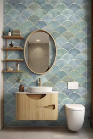 Bathroom Green Wallpaper Scales Art Deco Geometric