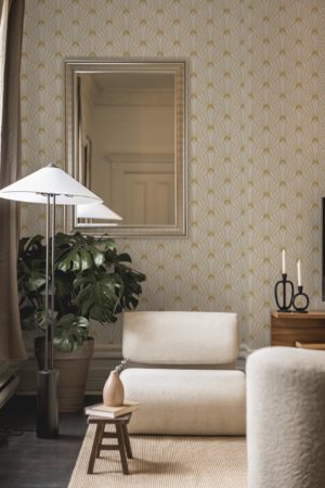 beige living room wallpaper geometric palmettes contemporary art deco