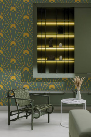 salon vert papier peint palmettes géométriques art déco contemporain