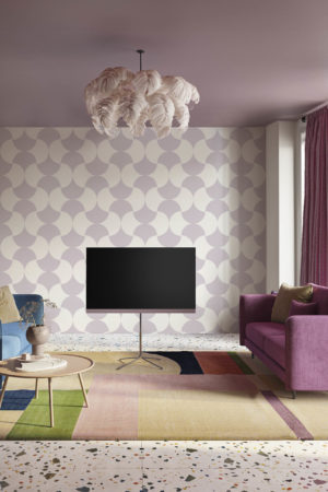 Living room purple wallpaper art deco contemporary shells