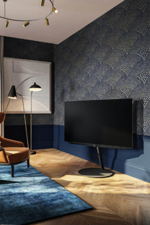 Living room blue dotted palmettes Art Deco contemporary antique effect wallpaper