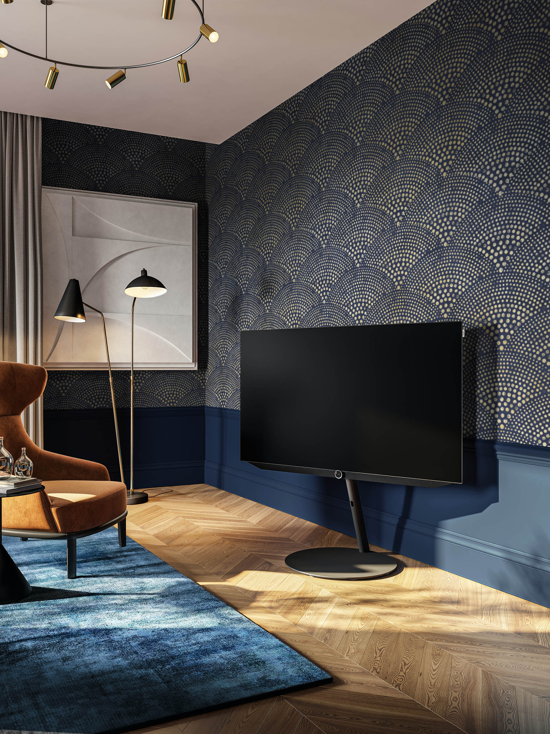 N490 Blue Living Room Wallpaper Dotted Palmettes Art Deco Antique Contemporary Effect Living room blue dotted palmettes Art Deco contemporary antique effect wallpaper