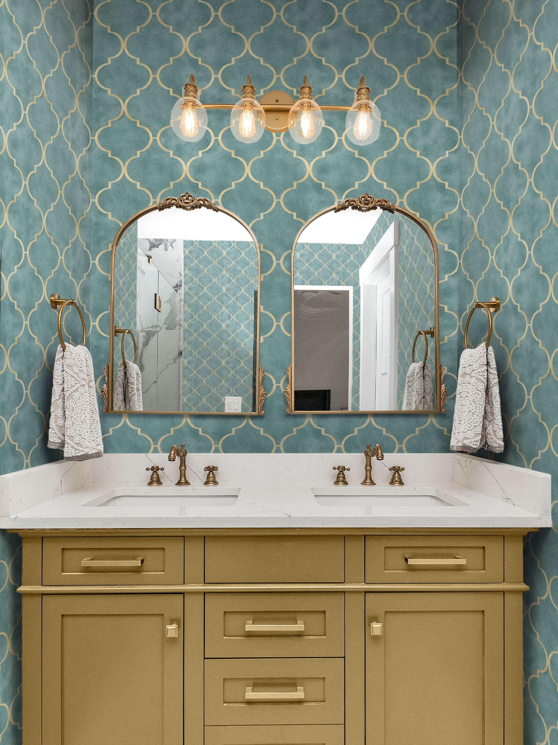 Turquoise Bathroom Moroccan Trellis Wallpaper Panoramic Mosaic