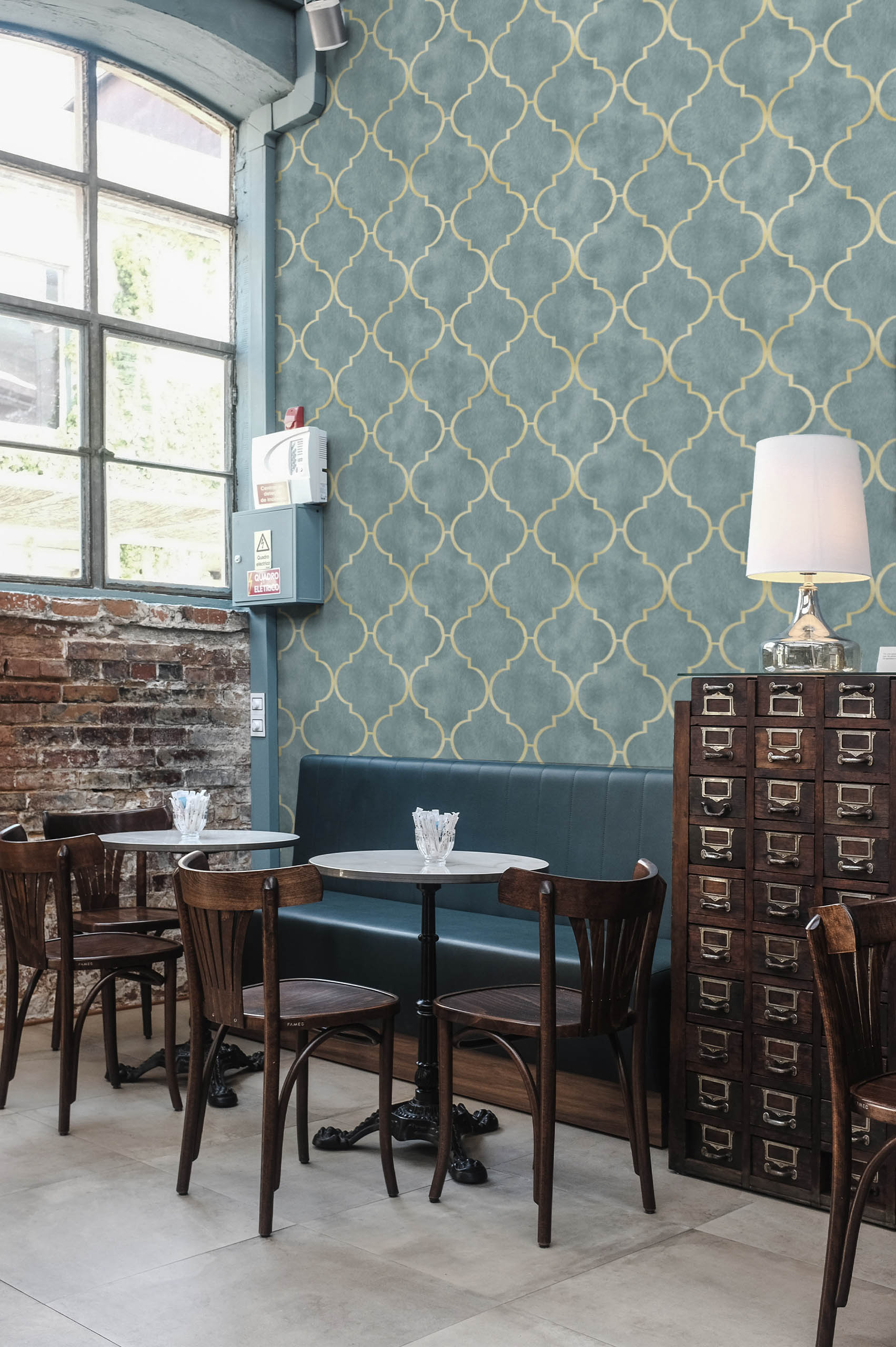 Public Space Turquoise Moroccan Trellis Wallpaper Panoramic Mosaic