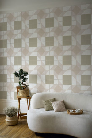 salon beige papier peint mosaïque géométrique panoramique