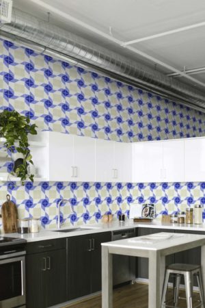 cuisine bleu papier peint mosaïque géométrique panoramique