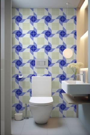 salle de bain bleu papier peint mosaïque géométrique panoramique