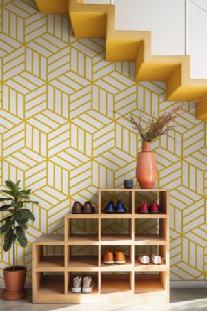 salon jaune papier peint cubes 3D géométrique dégringolade illusion optique