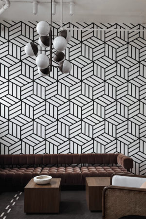 living room black wallpaper geometric 3D cubes tumble optical illusion