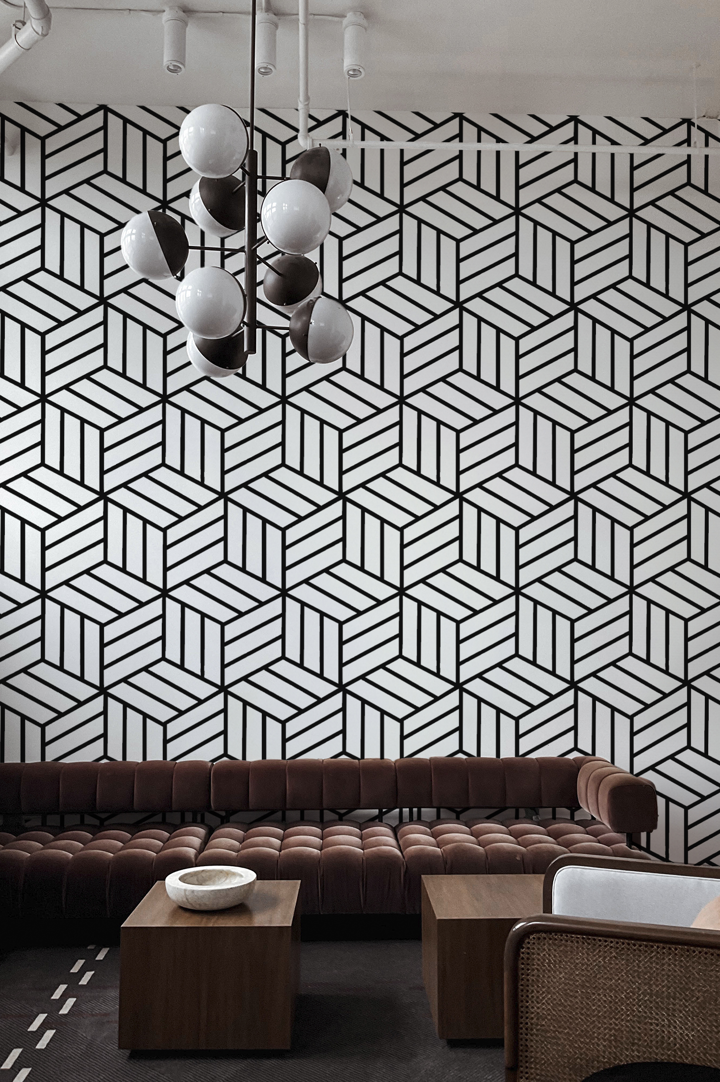 living room black wallpaper geometric 3D cubes tumble optical illusion