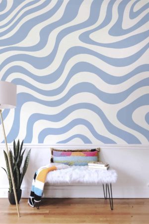 salon bleu papier peint vagues groovy ondulations vintage pop urbain
