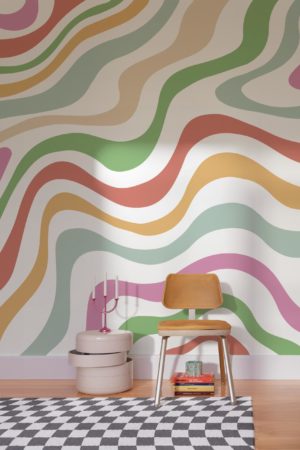 salon multicolore papier peint vagues groovy ondulations vintage pop urbain