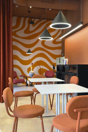 espace public orange wallpaper waves groovy undulations vintage pop urban