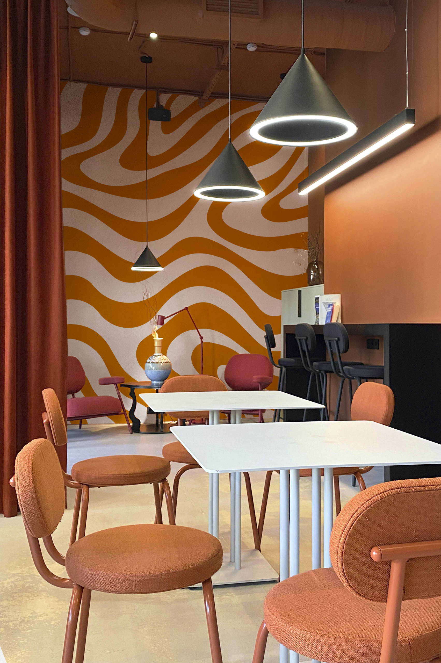 espace public orange wallpaper waves groovy undulations vintage pop urban