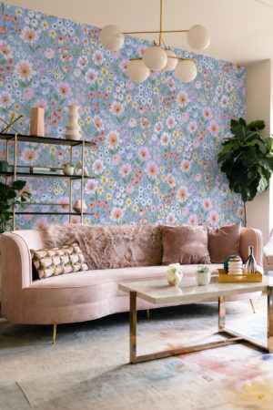 salon bleu papier peint daisy floral panoramique