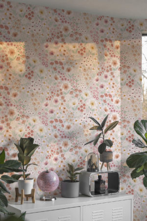 Pink living room panoramic floral daisy wallpaper