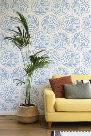 salon bleu papier peint mosaïque botanique géométrique vintage rétro