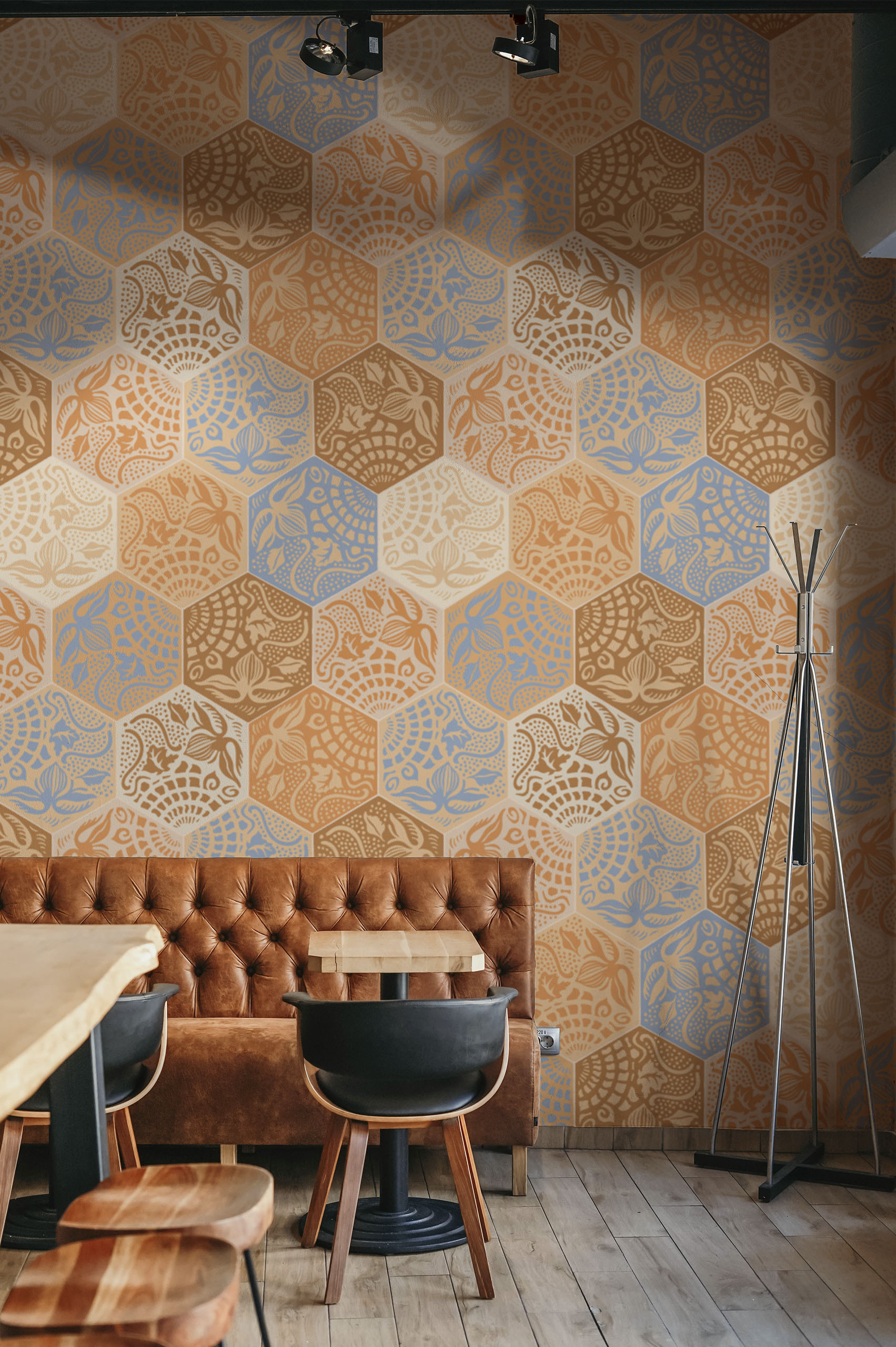 espace public orange papier peint mosaïque botanique géométrique vintage rétro