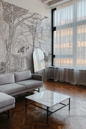 N510 The Forest Garden Wallpaper in Black and White Living Room