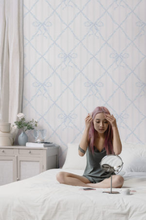 blue bedroom wallpaper bow tie geometric panoramic ribbon