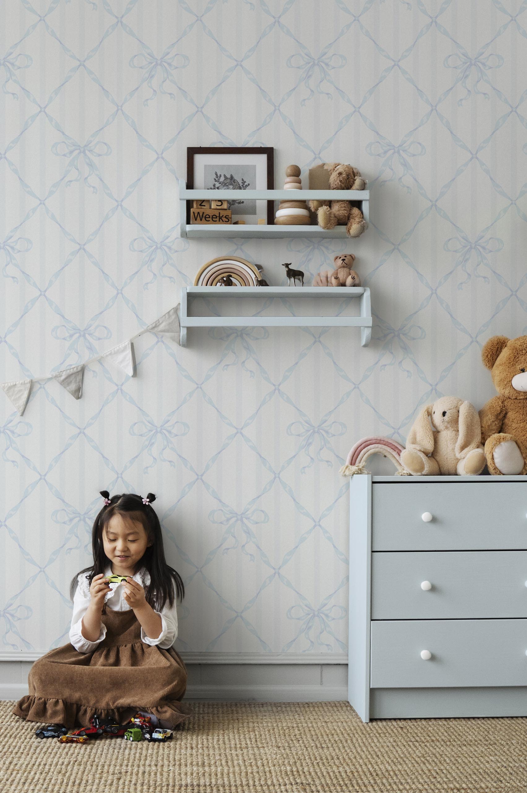 blue bedroom wallpaper bow tie geometric panoramic ribbon