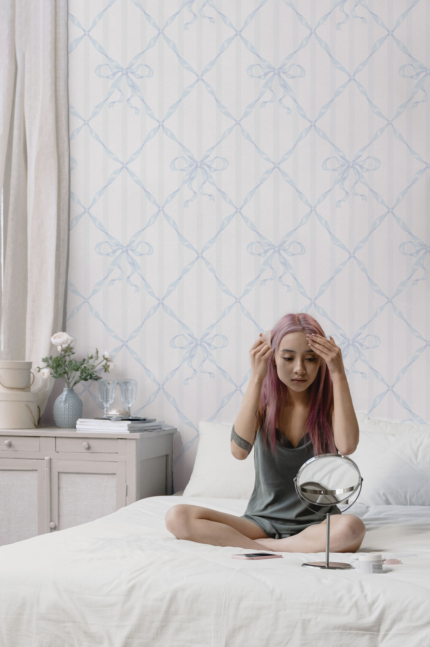 blue bedroom wallpaper bow tie geometric panoramic ribbon