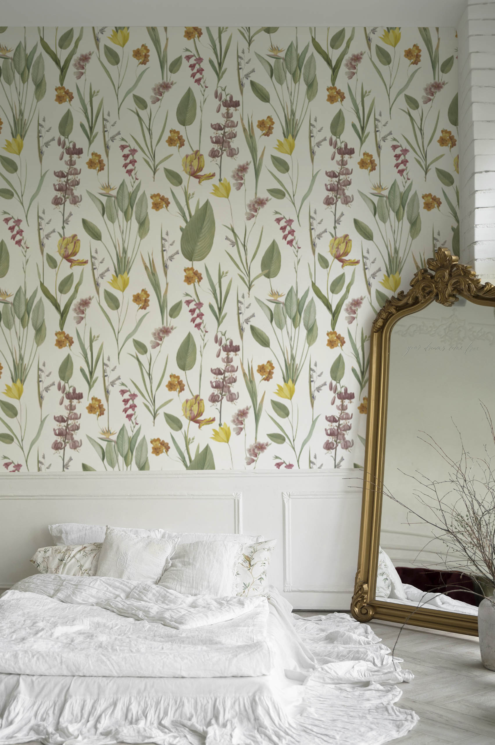 White Room Botanical Wallpaper Chic Floral Plant Nature Panoramic