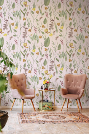 salon rose papier peint botanique chic floral végétal nature panoramique