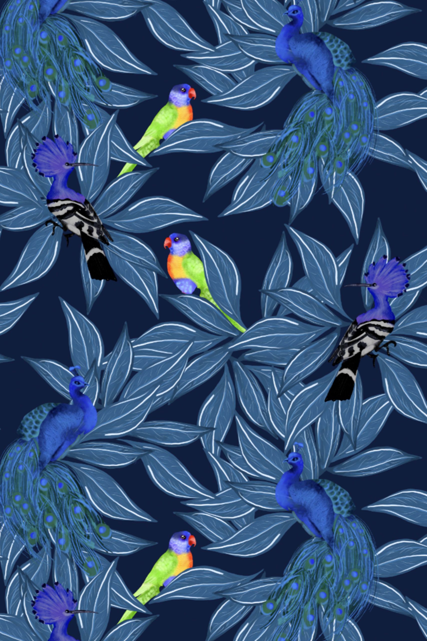 blue pattern wallpaper tropical oasis animals peacock parrot leaf