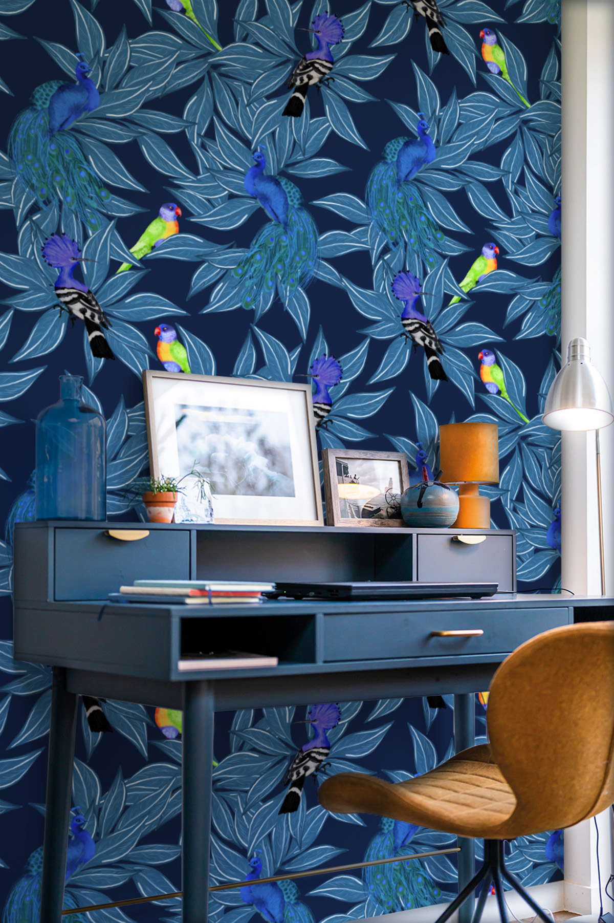 office blue wallpaper tropical oasis animals peacock parrot leaf
