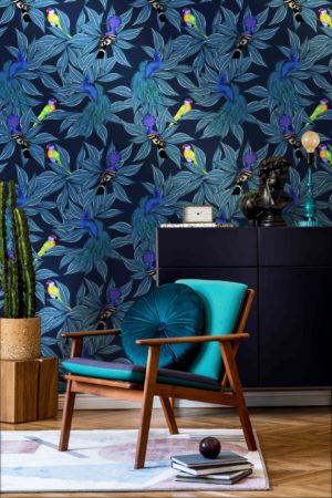 living room blue wallpaper tropical oasis animals peacock parrot leaf