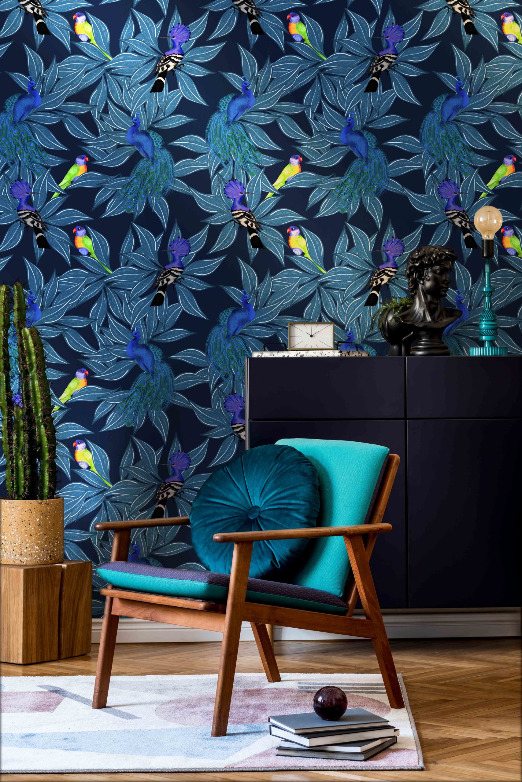 living room blue wallpaper tropical oasis animals peacock parrot leaf