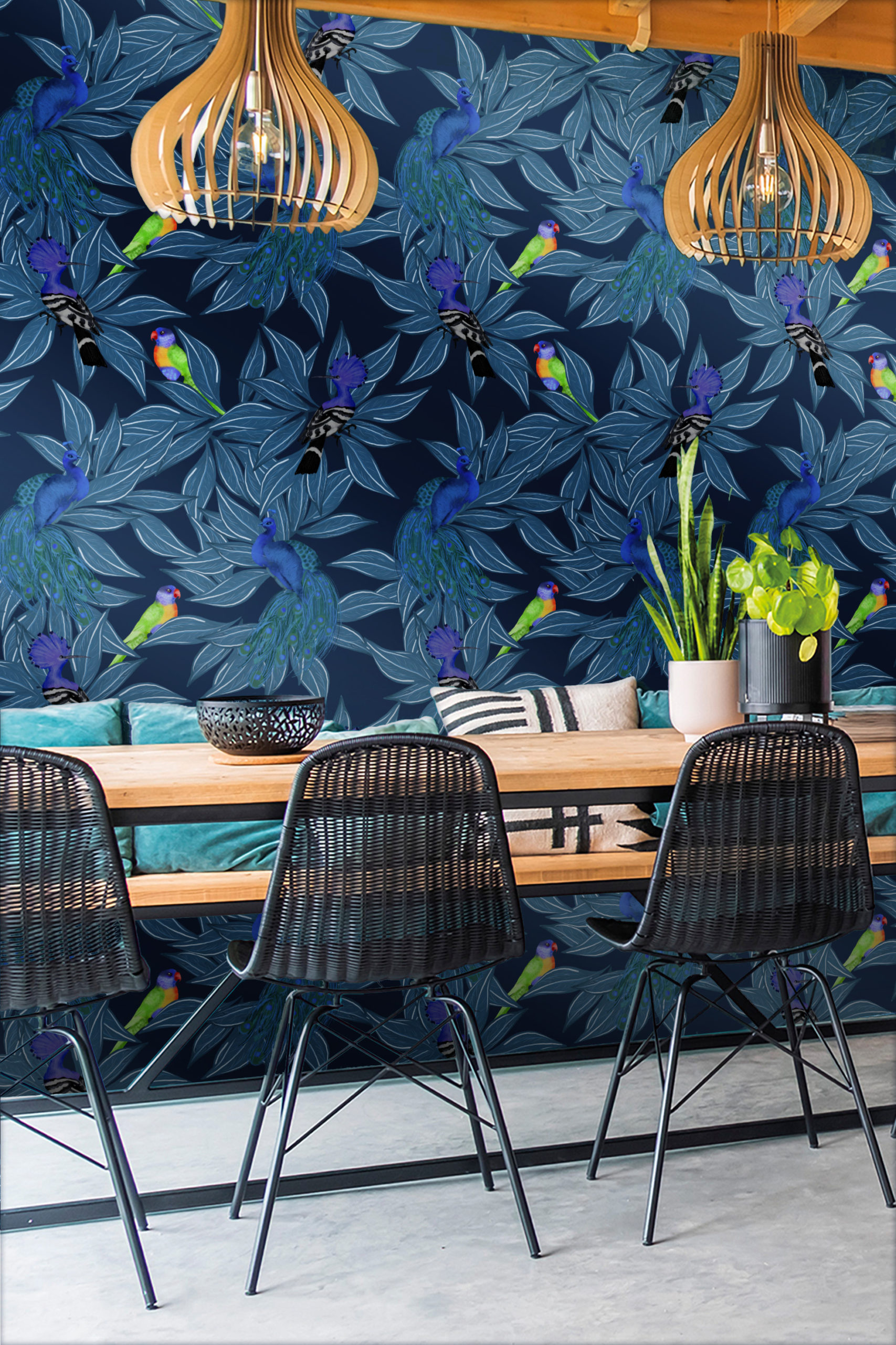 espace public bleu wallpaper tropical oasis animals peacock parrot leaf