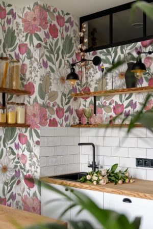 cuisine blanc papier peint fleurs délicates panoramique printemps dessinées main