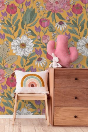 Orange Bedroom Wallpaper Delicate Flowers Panoramic Hand Drawn Spring