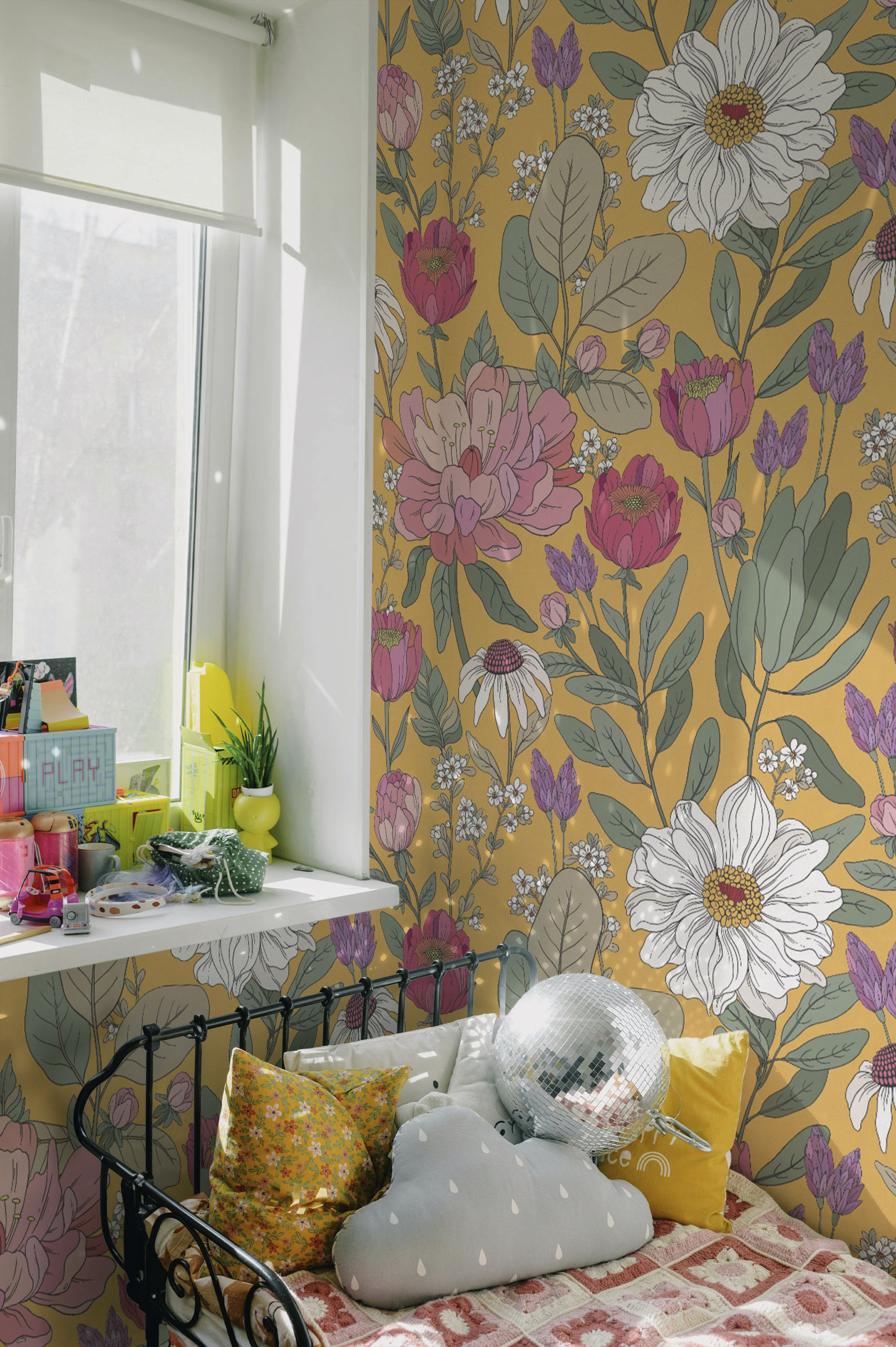 Orange Bedroom Wallpaper Delicate Flowers Panoramic Hand Drawn Spring