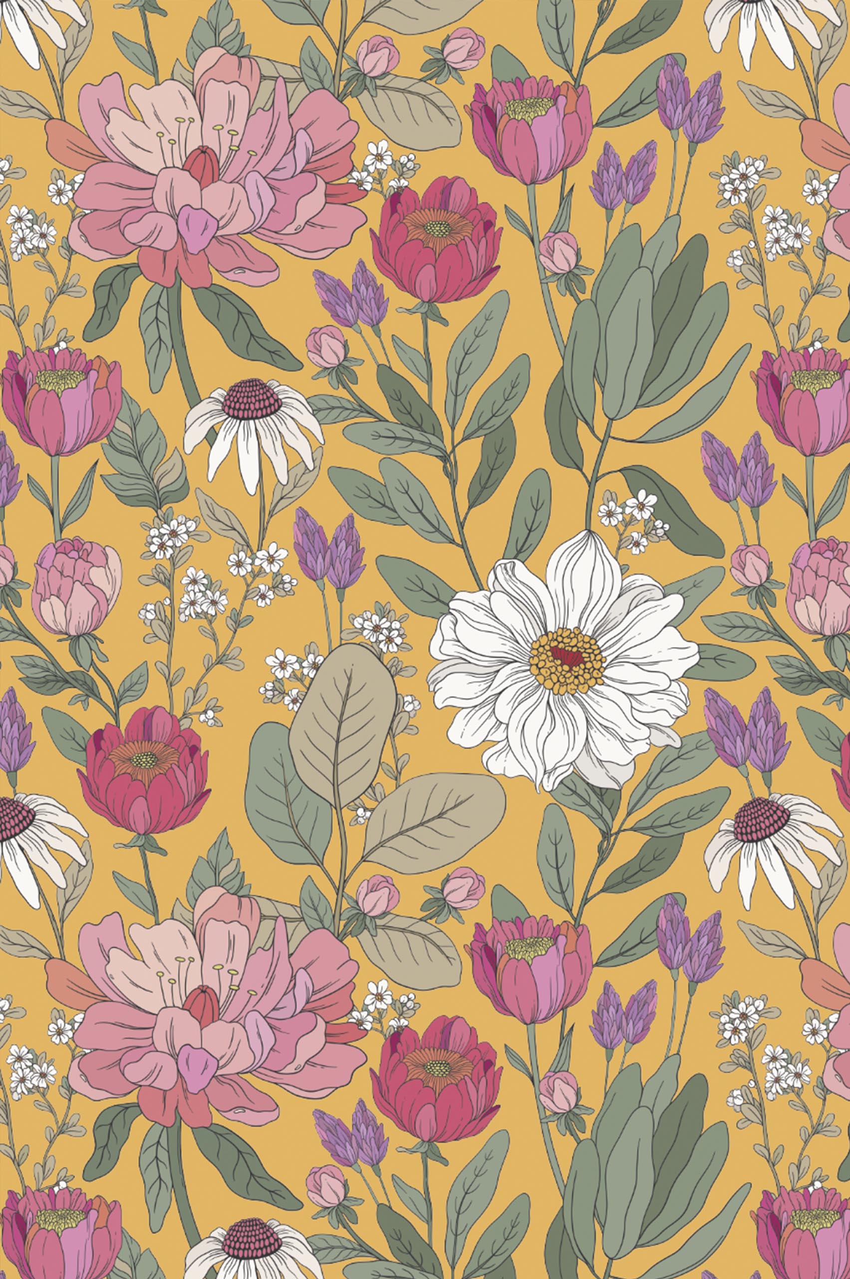 Orange Pattern Hand Drawn Panoramic Delicate Spring Flowers Wallpaper