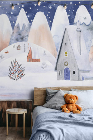 Bedroom Night Wallpaper Snowy Village Panoramic Child