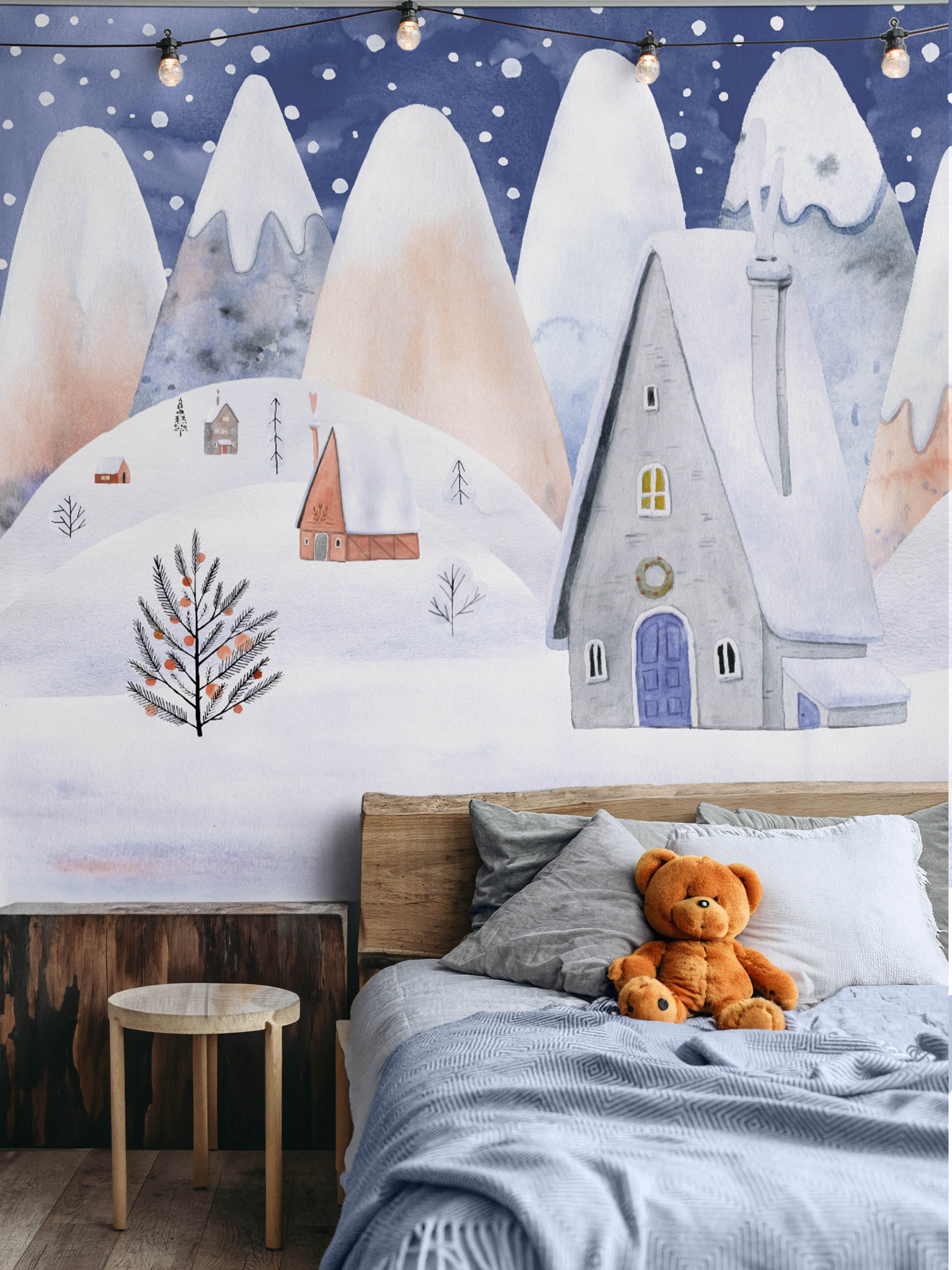 N513 Bedroom Panoramic Snowy Village Wallpaper Child Bedroom Night Wallpaper Snowy Village Panoramic Child