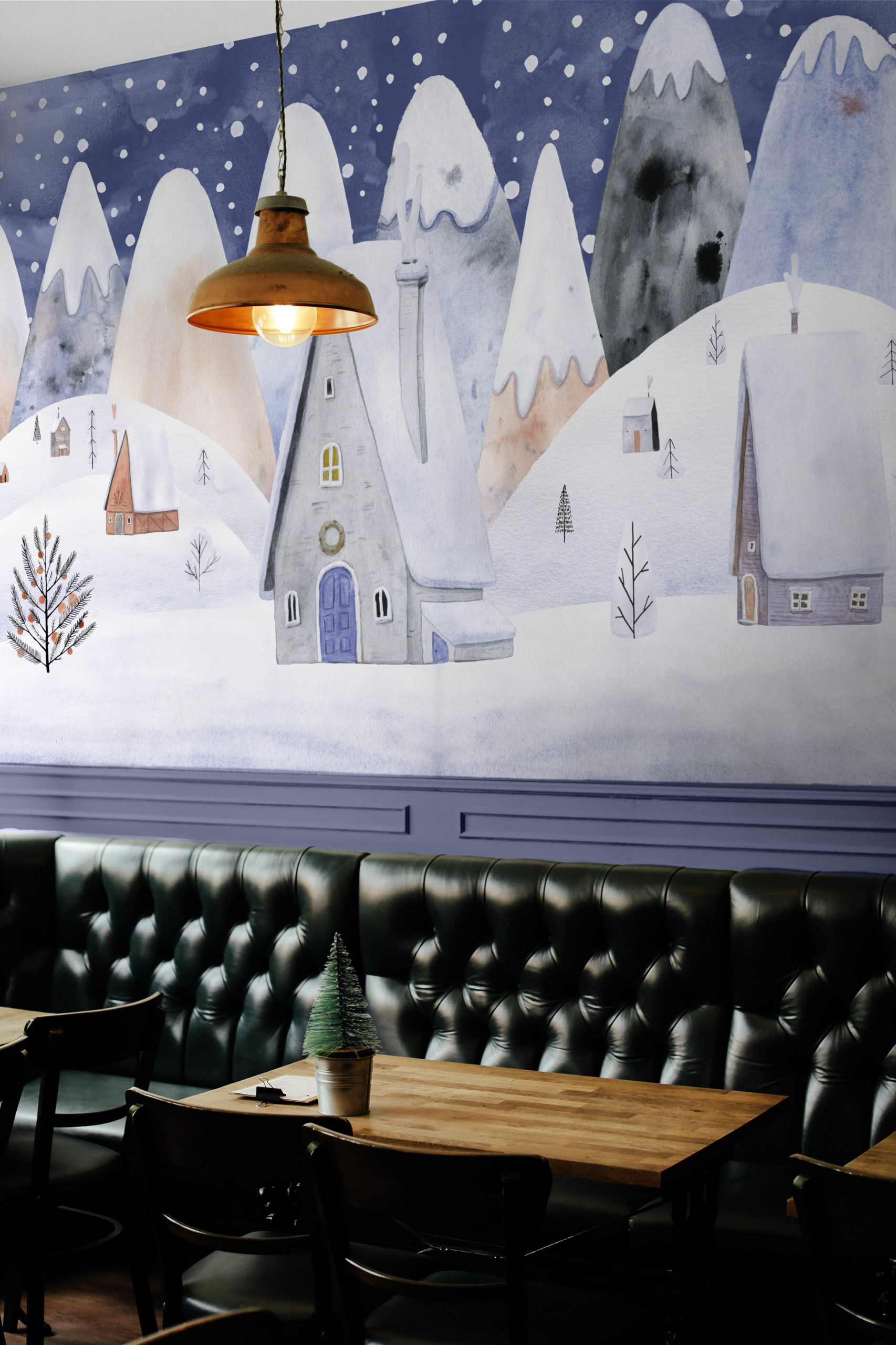 N513 Public Spaces Panoramic Snowy Village Wallpaper Child Public space night wallpaper snowy village panoramic child